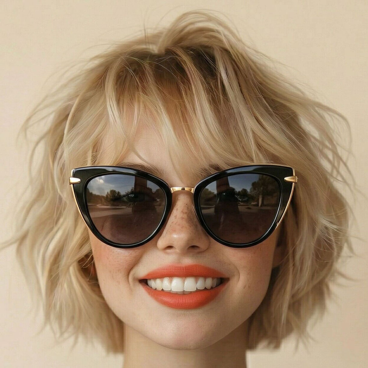 AI try-on: Glamorous cat-eye sunglasses with dark tinted lenses
